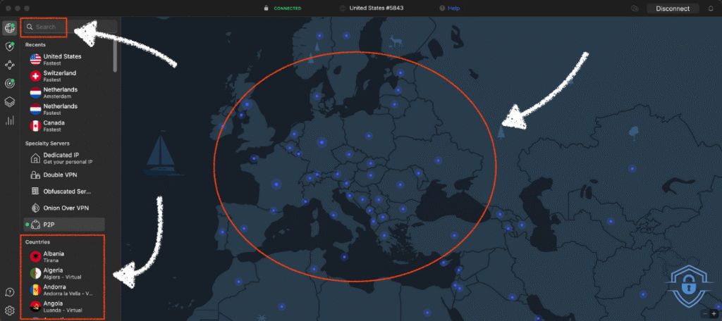 Choose location to connect to on desktop
