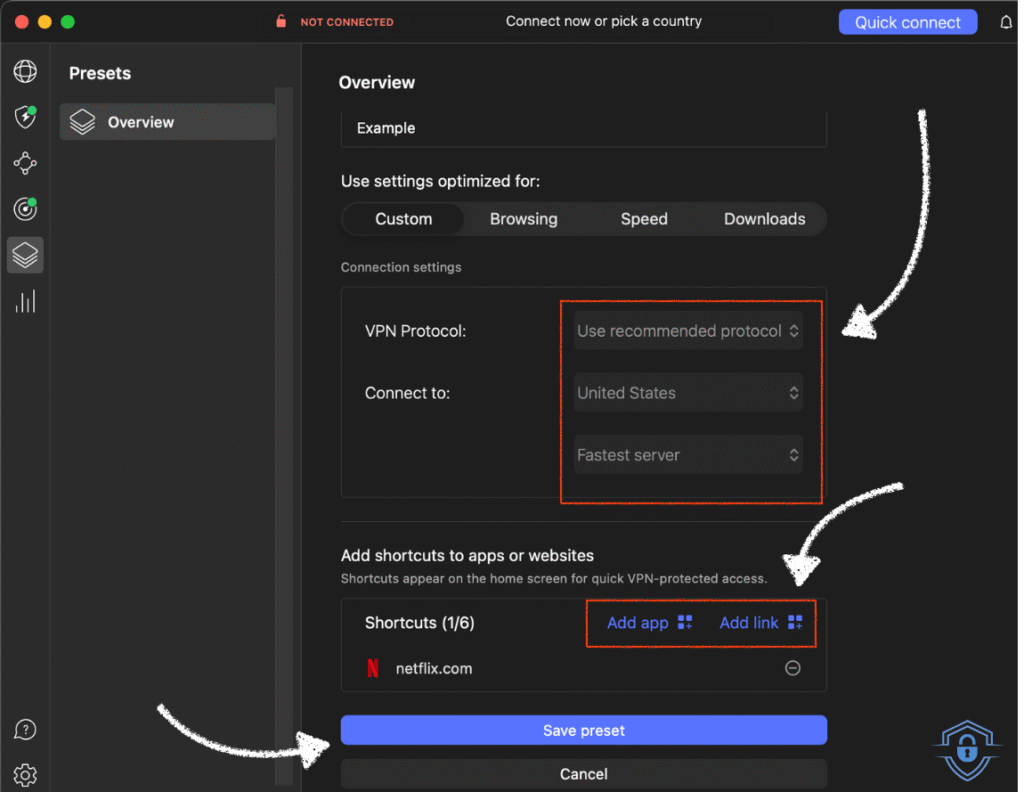 setup your preferred settings for country, protocol and server