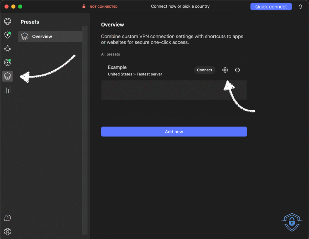 Go to settings to setup presets