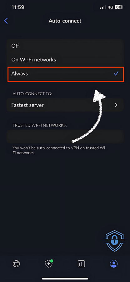 My IOS Iphone VPN connection always on settings