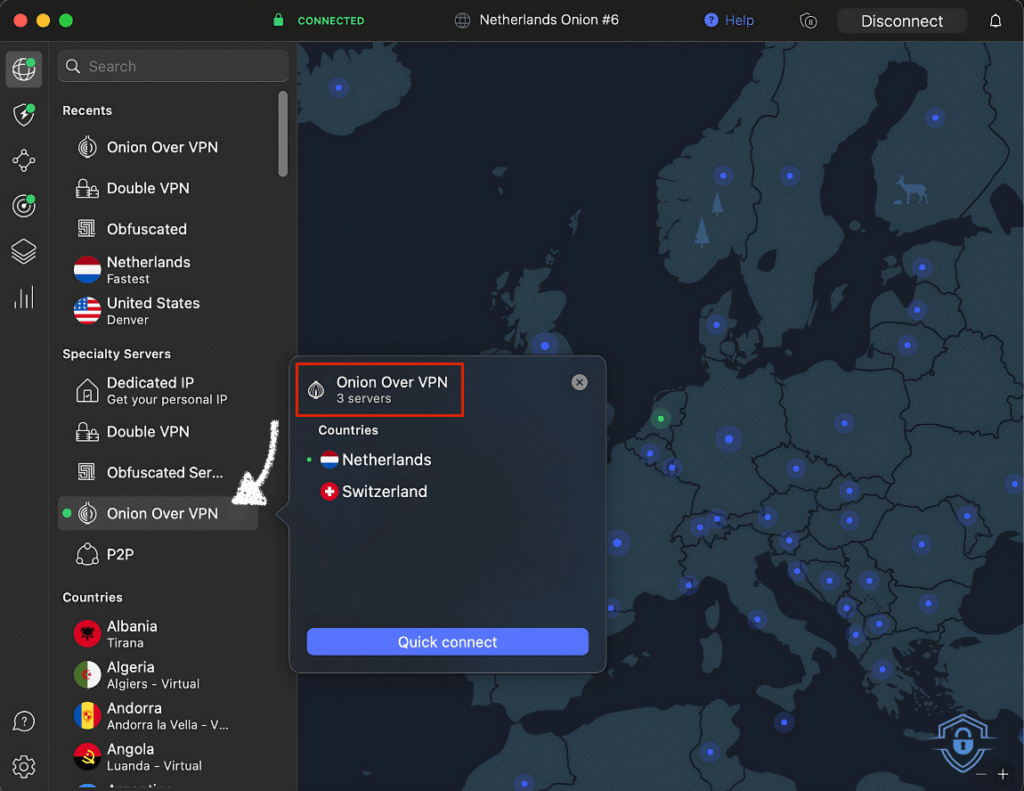 My macbook connection to a nordvpn Onion Over VPN server
