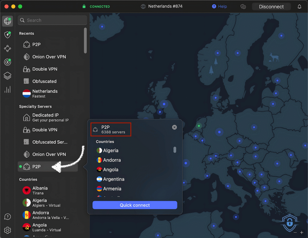 My macbook connection to a nordvpn P2P server