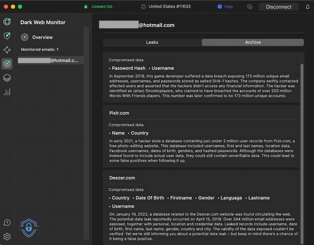 My personal Dark Web archive fo notifications of data leaks NordVPN encountered