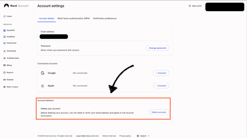 Nord Account option to delete your data