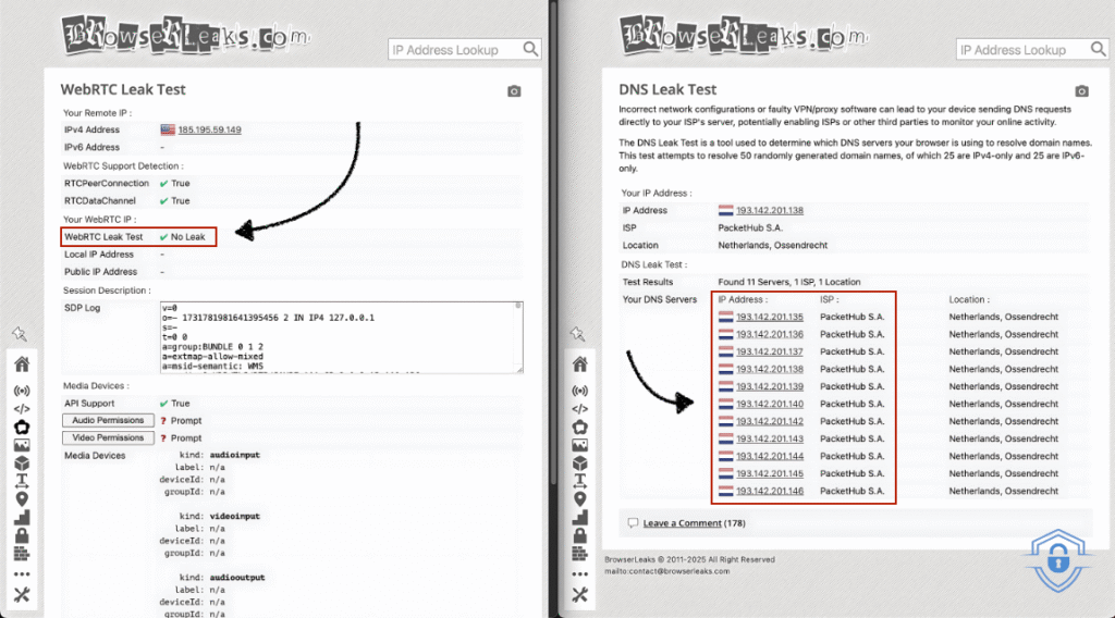 NordVPN DNS and WebRTC Leak test results