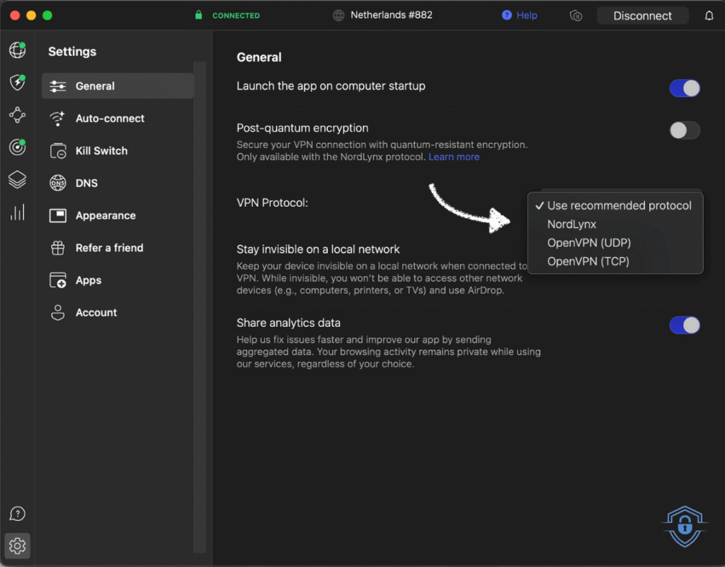 NordVPN different encryption protecol options