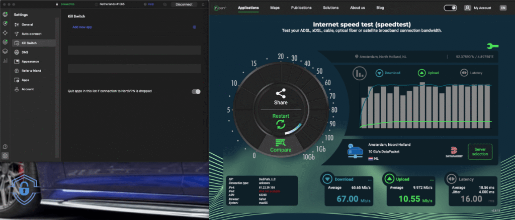 NordVPN speedtest whitout using kill switch