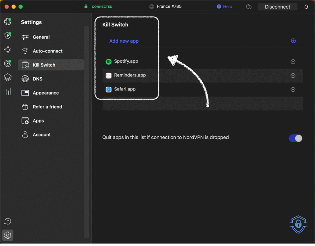 My added NordVPN apps to shut down when connection drops
